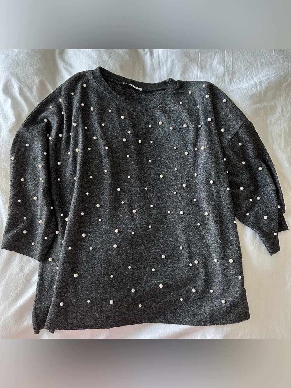 Zara Pearl Embellished Lightweight Gray Top